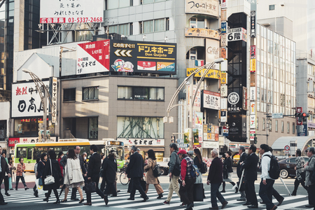 TOKYO, JAPAN - APR 18, 2018 Tokyo street building Business area with People walking city lifestyleのeditorial素材
