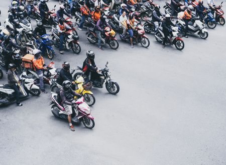 BANGKOK, THAILAND - AUG 31, 2018 : Bangkok Motorcycles on street Crowed Rider stop for Traffic lightのeditorial素材
