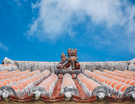 OKINAWA Lion on Ryukyu architecture Roof Art Okinawa island Japanの写真素材