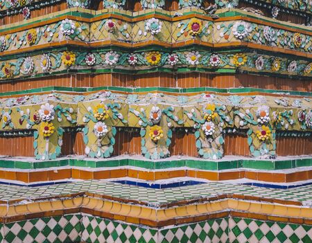 Wat Pho Colourful tiles floral pattern Mosaic on Pagoda Temple Landmark Architecture Bangkok Thailandの写真素材