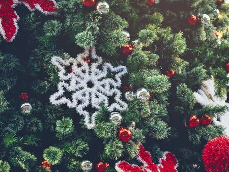 Christmas tree Snow flake ornament decoration Xmas tree Holiday backgroundの写真素材