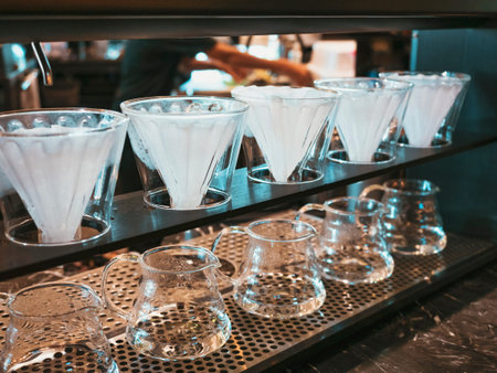 Drip Coffee equipment on counter Coffee brew bar Cafe with barista