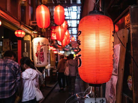 TOKYO, JAPAN - APR 21,2019 : Japan Bar street Izakaya Red light sign with people drinking.Tokyo...