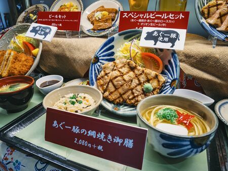 OKINAWA, JAPAN - SEP 3, 2019 : Food model Restaurant menu. Argu Pork Steak Japanese food lunch set Okinawa Japanのeditorial素材