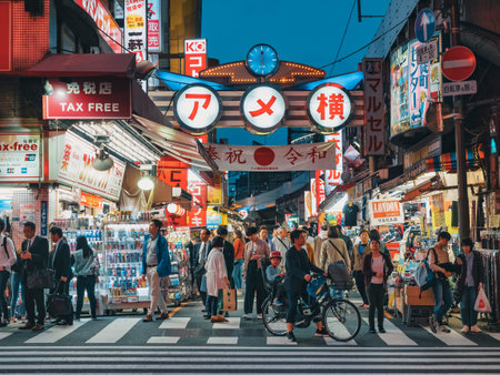 TOKYO, JAPAN -APR 19, 2019 : Ameyoko Market Ueno shopping street. Entrance neon sign Crowd Tourist...