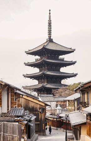 KYOTO, JAPAN - NOV 28, 2014 : Kyoto Japan Yasaka Pagoda Historical Architecture in old town Traditional wooden house along Street Japan travelのeditorial素材
