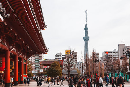 TOKYO, JAPAN - JAN 23, 2013 : Tokyo sky tree landmark building with Sensoji Temple with people walkingのeditorial素材
