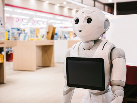 OKINAWA, JAPAN - AUG 31, 2019 : Pepper Robot humanoid Assistant with Information screen Interior...