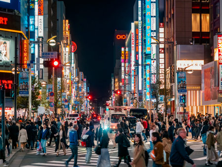 TOKYO, JAPAN - APR 12, 2019 : Shinjuku Shopping street Colourful Neon sign Shop Bar Restaurant Crowd people, Tokyo Japan nightlifeのeditorial素材