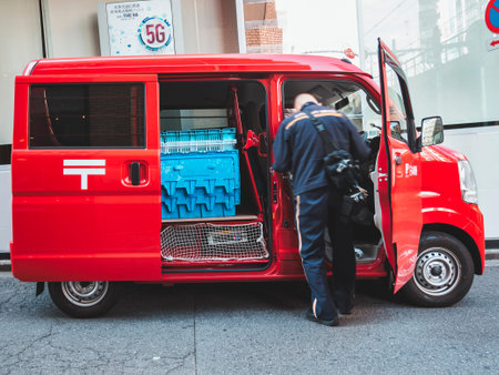 TOKYO, JAPAN - APR 15, 2019 : Japan post Postal and package delivery logistic services. Post and and...