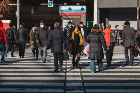 TOKYO, JAPAN - JAN 25, 2013 : Tokyo city Train station People walking on street Crosswalk Japanese...