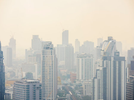 BANGKOK, THAILAND - JAN 15, 2020 : Building skyline Bangkok cityscape PM2.5  Air Pollution problem...