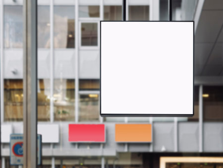 Mock up Signboard blank square Frame shop display Modern building wall