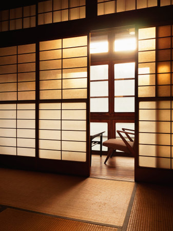 Japanese style room Interior with retro chair Traditional wall patternの写真素材