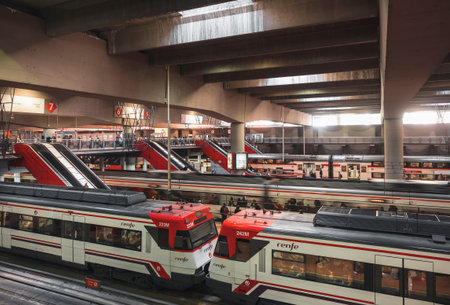 Atocha Madrid Train station Spain railway system  Train moving with People on platform SPAIN, MADRID - OCT 17, 2018のeditorial素材