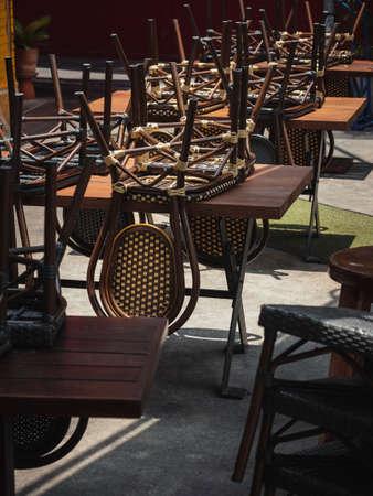 Restaurant cafe Business closed during Lockdown restriction policy Empty table seatsの写真素材