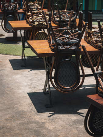 Restaurant cafe Business closed during Lockdown restriction policy Empty table seatsの写真素材