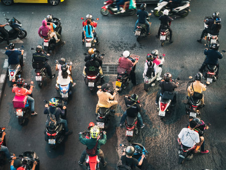 BANGKOK, THAILAND - APR 1, 2021 : Bangkok city Motorcycle Motor Bike Cars on Street Transportation Bangkok Thailandのeditorial素材