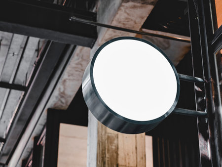 Mockup Signage front shop Circle shape logo sign templateの写真素材