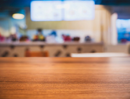 Table top wooden counter Restaurant Interior Blur background