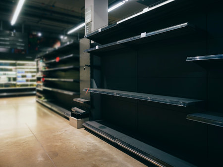 Supermarket with empty shelves of product goods Pandemic curfew Emergency situationの写真素材