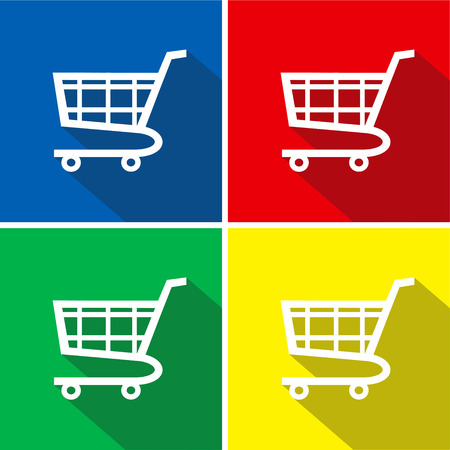 Shopping Cart icons set. Four colors background blue red green yellowのイラスト素材