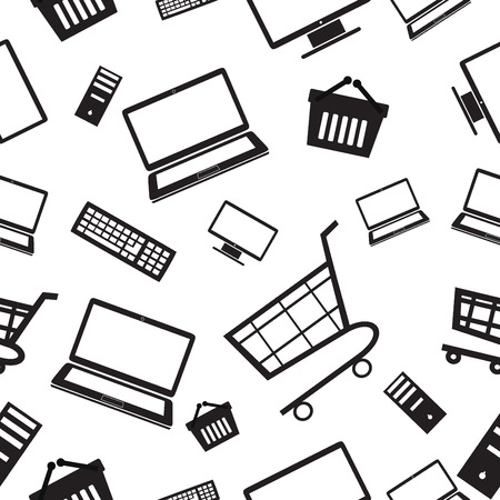 Seamless pattern. Set of black icons pc, laptop, cart, basket on white backgroundのイラスト素材