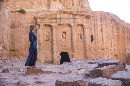 Girl in old city Petra in the desert of Wadi Musa in Jordanの写真素材