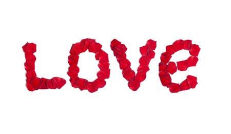 word love from rose petals on a white backgroundの写真素材