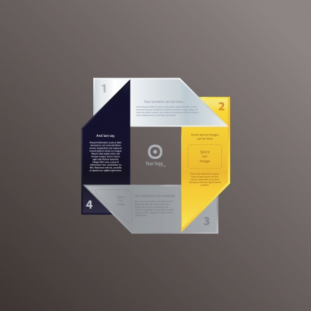 Vector template in modern design. Four vector labels with space for content. Four choices, levels or steps. Can be use as info-graphic. Sizeable, editable. Luxury colors, gold silver, black, white.のイラスト素材