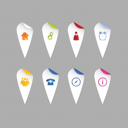 Colorfully map pointers. Modern design stickers - marks for website, poster or application. Map markers. with basic symbols. Stickers with rolled corners. Realistic shadows.のイラスト素材