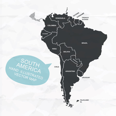 Hand illustrated map of South America. Detailed illustration of states.のイラスト素材