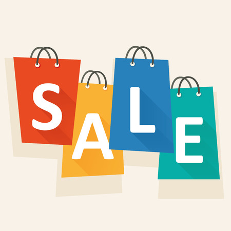 Sale template with shopping bags. White letters on colorful bags. Minimal flat design template. graphic.のイラスト素材