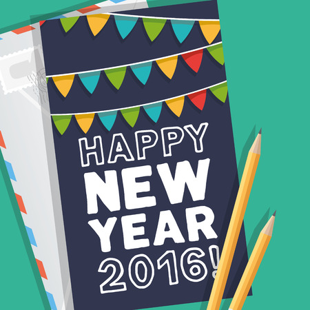 New Year greeting card ready for use. Bold handwritten typography with colorful flags.のイラスト素材