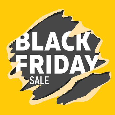 Black friday universal banner. White letters on black background teared into bright yellow wrapping paper.のイラスト素材