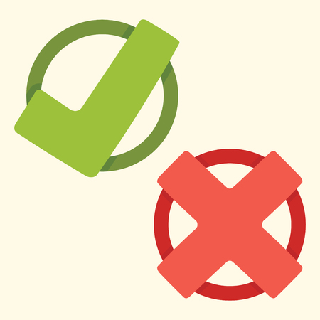 Tick and cross - always comes together. Vector illustrated signs for accept or reject action. Simple modern graphic elements.のイラスト素材