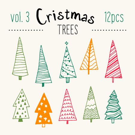 Bundle of hand illustrated Christmas trees. Every single tree with its own decoration. Perfect collection for greeting cards, backgrounds or wrapping paper designs.のイラスト素材