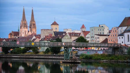 city ??view by the river in the evening, regensburg, germanyの写真素材