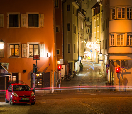 old European city at night, Germany, Regrnsburgのeditorial素材