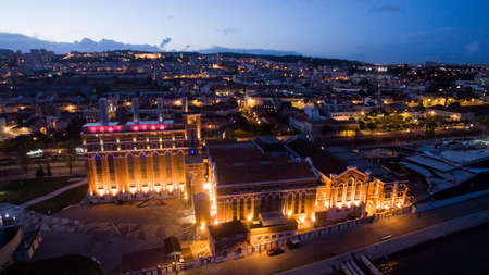 The Electricity Museum, Museum of Science and Industrial Archaeology, Lisbon at night aerial viewのeditorial素材
