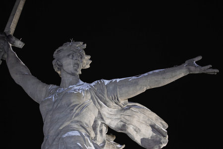 Volgograd. Mamayev Kurgan - historical memorial complex Motherland calls at winter. Close-up. Night...