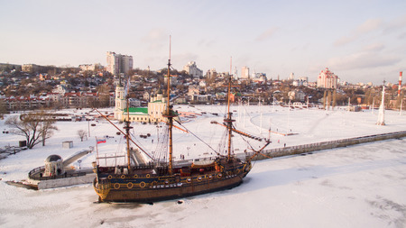 Admiralty Square and the monument to the first ship built in Russia in Voronezh at winter aerial viewの写真素材