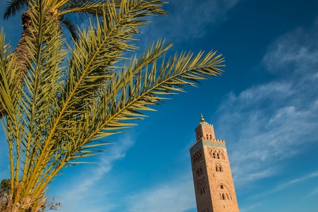 Koutoubia Mosque and palm at blue sky backgroundの写真素材
