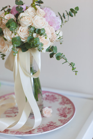 Modern beautiful wedding bouquet of rosesの写真素材