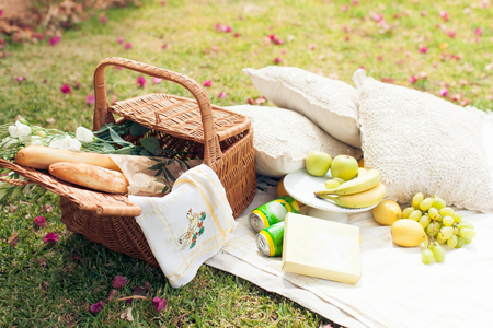Picnic on the grass. Straw basket, flowers, fruit and breadの写真素材