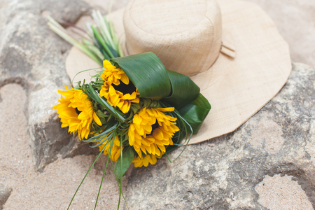 Bouquet of sunflowers and strawの写真素材