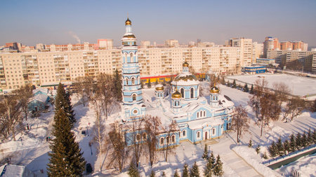 Aerial view of Church Nativity Blessed Virgin Russia Ufa 17 february 2017のeditorial素材