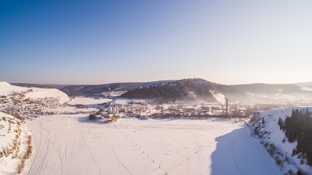 Aerial view of Minyar city in Chelyabinsk region at winterの写真素材