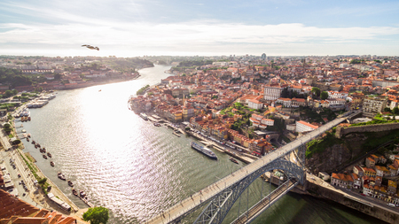 Aerial view over Portos old town, Ribeira, Duoro river the and the Porto Bridge Luiz I Bridge , 17 May 2017.の写真素材