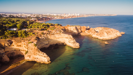 Aerial view of the scenic Ponta Joao de Arens beach in Portimao, Algarve, Portugalの写真素材